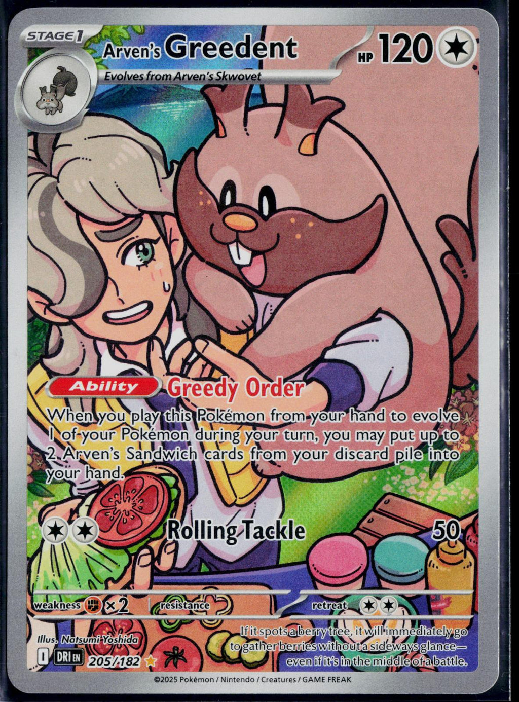 ARVEN'S GREEDENT 205/182 🐬 POKEMON DESTINED RIVALS IR ☀️ HOLO NM/M 🌴