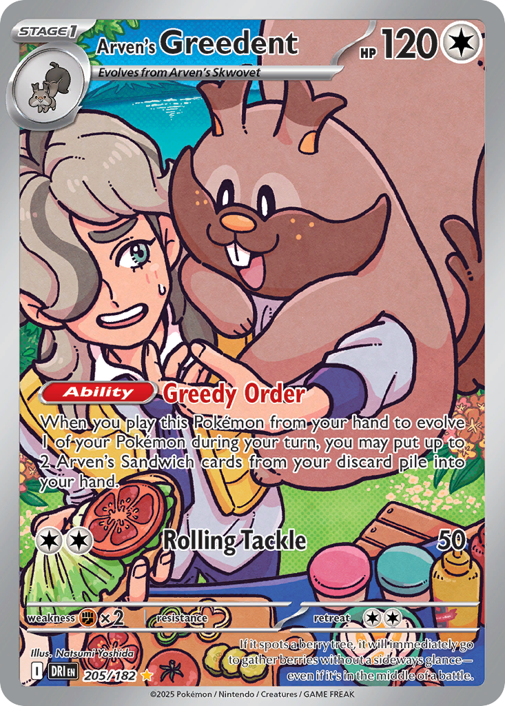 ARVEN'S GREEDENT 205/182 🐬 POKEMON DESTINED RIVALS IR ☀️ HOLO NM/M 🌴