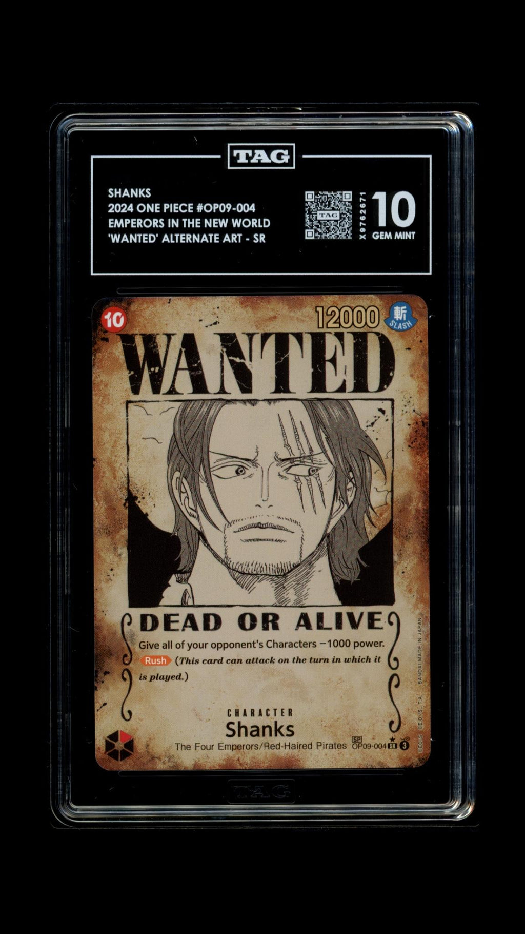 SHANKS OP09-004 TAG 10 ONE PIECE WANTED ALTERNATE ART SUPER RARE